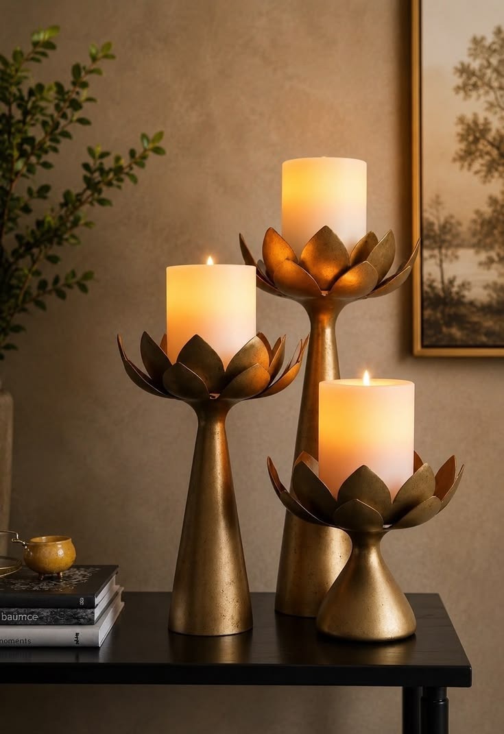Set of 3 Antique Gold Lotus Candle Holders AH-185 Moradabad